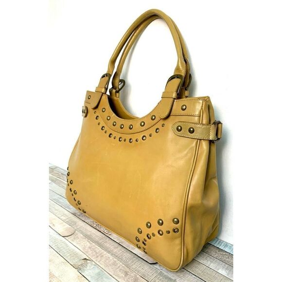 ROOMY NORDSTROM STUDDED TAN BEIGE GENUINE LEATHER TOTE SHOULDER BAG BOHO HANDBAG - Picture 2 of 9